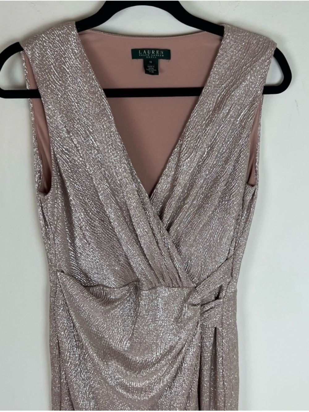 Ralph Lauren Metallic Rose GoldWrap-Style Evening Dress